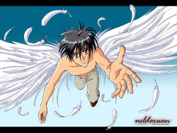 black_hair feathers flying pants red_eyes shoes short_hair solo tenkuu_no_escaflowne topless_male van_fanel wings rating:Questionable score:1 user:Renois