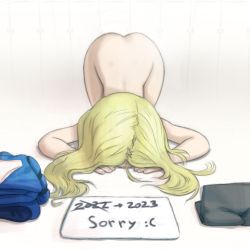  1girl artist_request blonde_hair bowing unworn_clothes dogeza female_focus folded_clothes kneeling little_girl_(pragmata) loli long_hair nude on_ground pragmata sign solo top-down_bottom-up  rating:Questionable score:146 user:HomeStruck