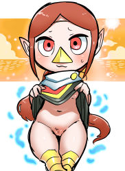  1girl absurdres blush breasts brown_hair cleft_of_venus clothes_lift dress dress_lift female_focus highres loli looking_at_viewer low_ponytail medli monster_girl navel nintendo pointy_ears pussy red_eyes small_breasts solo the_legend_of_zelda the_legend_of_zelda:_the_wind_waker tory_(tory29) underboob  rating:Explicit score:213 user:Dweenie