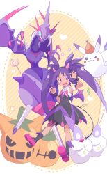 1girl armpits balloon blush_stickers candy chandelure creatures_(company) dress fake_horns fake_tail fake_wings food full_body game_freak gen_1_pokemon gen_5_pokemon gen_7_pokemon gengar heart highres horns iris_(fall_2022)_(pokemon) iris_(pokemon) jack-o&#039;-lantern litwick lollipop long_hair looking_at_viewer mei_(maysroom) naganadel nintendo official_alternate_costume pikachu pokemon pokemon_(creature) pokemon_masters_ex purple_hair red_eyes sleeveless sleeveless_dress tail twintails ultra_beast wings