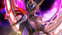  breasts cia_(hyrule_warriors) cleavage dark_skin hyrule_warriors jewelry large_breasts lots_of_jewelry mask nintendo the_legend_of_zelda third-party_edit white_hair witch  rating:Questionable score:66 user:abdulaman