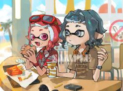  1boy 1girl blurry blurry_background brown_shirt burger closed_mouth collared_shirt commentary commission eyebrow_cut eyewear_on_head food food_on_face french_fries glasses grey_eyes grey_hair headphones headphones_around_neck highres holding holding_burger holding_food inkling inkling_boy inkling_girl inkling_player_character long_hair mcdonald&#039;s medium_hair miko_(15476997) nintendo open_mouth pink_eyes pointy_ears print_shirt red-framed_eyewear red_hair red_shirt sample_watermark shirt smile splatoon_(series) tentacle_hair watermark 