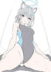  1boy 1girl animal_ear_fluff animal_ears bare_arms bare_shoulders black_one-piece_swimsuit blue_archive blue_eyes blush breasts bulge commentary competition_swimsuit covered_navel cross cross_hair_ornament earrings extra_ears girl_on_top grey_hair hair_ornament heavy_breathing highleg highleg_swimsuit highres inverted_cross jewelry looking_at_viewer masabodo medium_breasts official_alternate_costume one-piece_swimsuit open_mouth shiroko_(blue_archive) shiroko_(swimsuit)_(blue_archive) simple_background stud_earrings swimsuit white_background wolf_ears wolf_girl 