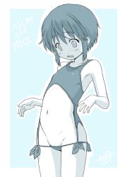  1girl blue_background blue_theme blush embarrassed female_focus flat_chest groin highres loli looking_down lowleg_swimsuit monochrome navel oonuma_hiroshi open_mouth original short_hair sidelocks solo spot_color swimsuit  rating:Questionable score:63 user:ponekad