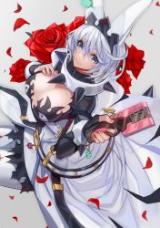  1girl belt blue_eyes bracelet breasts cleavage closed_mouth club club_(weapon) cowboy_shot dress elphelt_valentine flower guilty_gear guilty_gear_xrd hair_between_eyes hat jewelry large_breasts looking_at_viewer mingou91 petals red_flower red_rose rose rose_petals short_hair silver_hair smile solo spiked_bracelet spiked_club spikes spoilers swept_bangs weapon white_dress 