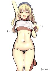 10s 1girl ^_^ atago_(kancolle) blonde_hair blush breasts buta_tamako closed_eyes closed_eyes female_focus hat highres jumping kantai_collection large_breasts long_hair navel open_mouth simple_background smile solo standing standing_on_one_leg underboob white_background rating:Questionable score:17 user:Gaudy