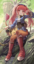  1girl absurdres boots chakram dewprism dress full_body hair_ornament highres knee_boots long_hair long_sleeves looking_at_viewer mint_(dewprism) monster open_mouth orange_pantyhose pantyhose pink_hair red_eyes silvertsuki smile solo twintails weapon  rating:General score:5 user:danbooru