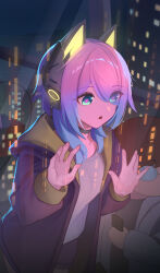 1girl :o against_glass animal_ears aqua_eyes blue_hair building character_request choker cityscape copyright_request cowboy_shot eyes_visible_through_hair fake_animal_ears glassowk glowing gradient_hair grey_choker hair_over_one_eye hands_up headgear hood hood_down hooded_jacket jacket leaning_forward long_sleeves looking_ahead multicolored_hair open_clothes open_jacket open_mouth parted_bangs pink_hair pink_pupils purple_jacket shirt short_hair_with_long_locks shorts skyscraper solo_focus standing white_shirt
