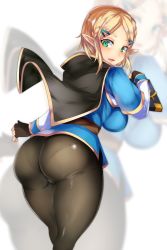 1girl absurdres ass blonde_hair blush breasts cape fingerless_gloves gloves green_eyes hair_ornament hairclip highres huge_ass large_breasts nintendo open_mouth pantyhose pantylines princess_zelda short_hair sideboob smile solo the_legend_of_zelda the_legend_of_zelda:_breath_of_the_wild the_legend_of_zelda:_tears_of_the_kingdom tiamat_(momokuri_mannen) white_background rating:Questionable score:51 user:JustHere4Butts