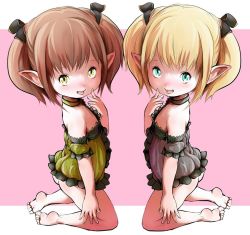  2girls artist_request ass blonde_hair blush bottomless brown_hair choker female_focus final_fantasy final_fantasy_xiv flat_chest full_body kneeling lalafell loli looking_at_viewer multiple_girls open_mouth pointy_ears simple_background smile  rating:Questionable score:46 user:Fuckyou357853