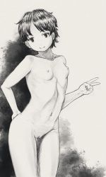 1girl breasts female_focus flat_chest highres loli looking_at_viewer monochrome nude original pussy small_breasts smile solo tomboy yua_usagi rating:Explicit score:45 user:robblu