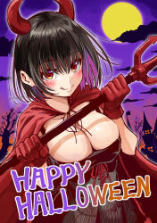  1girl attsun_(atsushi_jb) black_dress black_hair blush breasts cape cleavage colored_inner_hair demon_horns dress fangs full_moon gloves happy_halloween highres holding holding_trident horns large_breasts looking_at_viewer moon multicolored_hair original outdoors pink_hair polearm red_cape red_eyes red_gloves short_hair smile solo trident weapon 