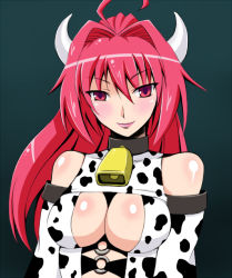 1girl blush breasts cow female_focus gradient_background red_eyes red_hair smile solo terumin_(yuganda_sebone) upper_body rating:Questionable score:16 user:Sanguine_Shadow