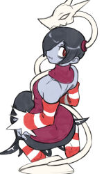  1girl black_hair blue_skin colored_skin detached_collar detached_sleeves from_behind leviathan_(skullgirls) looking_at_viewer looking_back sitting skullgirls socks solo squigly_(skullgirls) stitched_mouth stitches striped_clothes striped_sleeves striped_socks toshinoshin 
