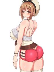 1girl artist_request ass atelier_(series) atelier_ryza bare_shoulders blush breasts brown_eyes brown_hair butt_crack from_behind hair_ornament hairclip hat highres huge_breasts looking_at_viewer red_shorts reisalin_stout shiny_clothes shiny_skin short_hair short_shorts shorts sideboob smile solo thighhighs yoroisaba rating:Questionable score:17 user:armorcrystal