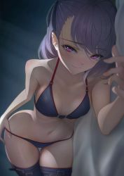 1girl bed_sheet bikini black_ribbon blurry blush body_blush breasts buckle closed_mouth collarbone commentary_request depth_of_field fate/grand_order fate_(series) hair_ribbon helena_blavatsky_(fate) helena_blavatsky_(swimsuit_archer)_(fate) helena_blavatsky_(swimsuit_archer)_(third_ascension)_(fate) highres imizu_(nitro_unknown) looking_at_viewer lying medium_hair navel on_bed on_side purple_bikini purple_eyes purple_hair purple_thighhighs ribbon small_breasts smile solo stomach swimsuit thigh_gap thighhighs rating:Questionable score:117 user:danbooru
