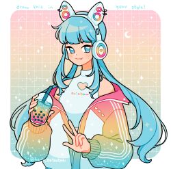  1girl animal_ear_headphones animal_ear_piercing animal_ears bare_shoulders blue_eyes blue_hair blunt_bangs blush_stickers border bubble_tea cat_ears closed_mouth clothes_writing clothing_cutout collared_shirt commentary constellation cowboy_shot crescent_moon crop_top cup disposable_cup draw_this_in_your_style_challenge drink drinking_straw emily_kim english_commentary eyelashes fake_animal_ears fang fang_out grid_background halter_shirt halterneck headphones heart heart_cutout heart_print highres holding holding_drink jacket jersey long_hair long_sleeves low_twintails moon multicolored_clothes multicolored_jacket open_clothes open_jacket original outside_border puffy_long_sleeves puffy_sleeves rainbow_gradient shirt sidelocks sky smile solo sparkle star_(sky) starry_sky twintails twitter_username v very_long_hair white_border white_headphones white_shirt 