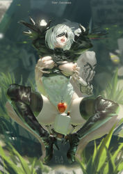      apple grabbing_another&#039;s_breast food forest fruit grabbing highres nature nier_(series) nier:automata nipples saliva 2b_(nier:automata)  rating:Questionable score:13 user:getserious