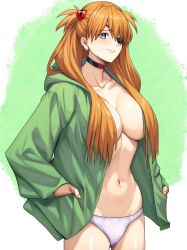  1girl alternate_costume artist_request bare_legs blue_eyes breasts evangelion:_3.0+1.0_thrice_upon_a_time eyepatch green_jacket hair_ornament hands_in_pockets highres jacket large_breasts long_hair looking_at_viewer navel neon_genesis_evangelion no_bra official_alternate_costume open_clothes open_jacket panties panties_only rebuild_of_evangelion seductive_smile shiny_skin simple_background smile solo souryuu_asuka_langley standing underwear very_long_hair white_panties wide_hips 
