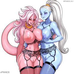  2girls absurdres android_21 asymmetrical_docking black_sclera blue_skin blush breast_press breasts cleft_of_venus colored_sclera colored_skin curvy dragon_ball dragon_ball_fighterz dragon_ball_super earrings female_focus francis_slv garter_straps highres huge_breasts jewelry large_breasts long_hair looking_at_viewer majin_android_21 multiple_girls nail_polish navel pink_skin ponytail purple_eyes pussy red_eyes skindentation tail thick_thighs thighhighs thighs vados_(dragon_ball) white_hair  rating:Explicit score:66 user:catonfire26