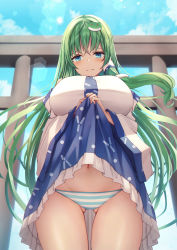 1girl absurdres aqueduct bare_shoulders blue_eyes blue_skirt blurry blurry_background blush breasts closed_mouth clothes_lift cloud cloudy_sky commentary_request cowboy_shot day detached_sleeves floating_hair from_below furrowed_brow gluteal_fold green_hair hair_ornament hair_tubes highres huge_breasts kochiya_sanae lens_flare lifting_own_clothes liya long_hair looking_at_viewer navel outdoors panties petticoat pillar shirt skirt skirt_lift sky snake_hair_ornament solo striped_clothes striped_panties sunlight touhou triangle_mouth underwear very_long_hair white_shirt wide_sleeves rating:Questionable score:36 user:danbooru