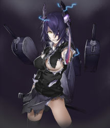  10s 1girl aiming aiming_at_viewer asymmetrical_legwear breasts checkered_clothes checkered_necktie checkered_neckwear cowboy_shot electricity eyepatch ginka_sima headgear holding holding_sword holding_weapon kantai_collection looking_at_viewer machinery necktie one_breast_out over-kneehighs panties purple_hair scabbard school_uniform sheath short_hair skirt smile solo sword tenryuu_(kancolle) thighhighs torn_clothes underboob underwear uneven_legwear weapon white_panties yellow_eyes  rating:Sensitive score:14 user:danbooru
