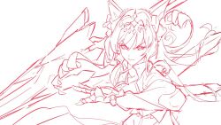  1girl barmored_gloves breasts coat collared_shirt crown_(nikke) diadem drill_hair goddess_of_victory:_nikke hair_ornament headgear holding holding_weapon jewelry lance large_breasts long_hair looking_at_viewer monochrome necklace polearm rakaieye shirt sketch solo weapon 