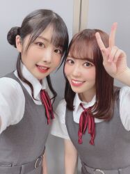  2girls date_sayuri indoors looking_at_viewer misaki_nako multiple_girls photo_(medium) selfie smile standing voice_actor 