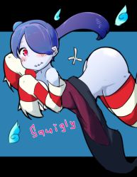 1girl ass blue_skin butt_crack character_name colored_skin detached_sleeves female_focus hair_over_one_eye highres huge_ass looking_at_viewer monster_girl no_panties red_eyes short_hair simple_background skullgirls sleeves_past_wrists smile solo squigly_(skullgirls) stitched_mouth stitches striped_legwear twintails yomei-san zombie rating:Questionable score:20 user:Rikko-43