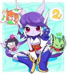  4girls :&gt; :p ahoge anger_vein angry black_hair blush_stickers boots bracelet breasts carol_tea closed_eyes cube dragon_girl dragon_horns freedom_planet freedom_planet_2 furry galaxytrail happy headgear holding holding_weapon horns indian_style japanese_clothes jewelry long_ears long_hair looking_at_viewer milla_basset multiple_girls neera_li nollety one_eye_closed orange_hair pink_eyes purple_hair sash_lilac scarf simple_background sitting speech_bubble staff tongue tongue_out twintails v very_long_hair weapon wink 
