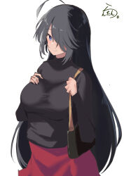  1girl absurdres alternate_costume artist_logo bag black_hair black_sweater blue_eyes breasts hair_down handbag highres kako_(kancolle) kantai_collection lanthan large_breasts long_hair official_alternate_hairstyle one-hour_drawing_challenge red_skirt simple_background skirt solo sweater white_background 