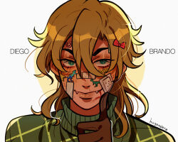  1boy bandaid bandaid_on_cheek bandaid_on_face bandaid_on_nose blonde_hair bow brown_gloves character_name commentary cracked_skin diego_brando english_commentary fangs gloves green_eyes green_sweater hair_bow highres huyandere jojo_no_kimyou_na_bouken male_focus medium_hair pointing pointing_at_viewer portrait solo steel_ball_run sticker_on_face sweater turtleneck turtleneck_sweater 