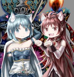  2girls :3 :d animal_ears antenna_hair arm_behind_head arm_up belt belt_buckle blue_belt blue_eyes blue_gemstone blue_hair blue_sleeves blush breasts buckle cape cat_ears cat_girl closed_mouth collarbone commentary detached_sleeves diu9you english_commentary extra_ears fang fortissimo gem grey_background hair_ornament heart highres kemonomimi_mode light_blue_hair long_hair looking_at_viewer magical_girl mahou_shoujo_madoka_magica mahou_shoujo_madoka_magica_(anime) miki_sayaka multiple_girls musical_note musical_note_hair_ornament oktavia_von_seckendorff open_mouth ophelia_(madoka_magica) red_eyes red_gemstone red_hair sakura_kyoko short_hair simple_background small_breasts smile soul_gem sparkle white_cape white_sleeves witch_(madoka_magica) 