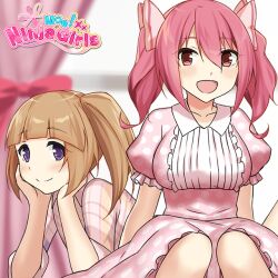  2girls :d blurry blurry_background bow breasts brown_hair closed_mouth commentary copyright_name curtains dot_nose dress english_commentary hair_bow hand_on_own_cheek hand_on_own_face hands_on_own_face knees large_breasts light_blush light_brown_hair logo looking_at_viewer moe!_ninja_girls momochi_myu multiple_girls official_art open_mouth pajamas pink_dress pink_eyes pink_hair ponytail puffy_short_sleeves puffy_sleeves purple_eyes second-party_source short_sleeves short_twintails side_ponytail sitting smile split_mouth tokakushi_cy twintails 