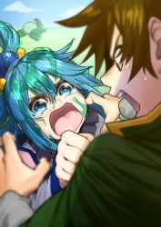  1boy 1girl absurdres angry animal aqua_(konosuba) blue_eyes blue_hair blurry blurry_foreground blush breasts brown_eyes brown_hair cape clothes_grab commentary commentary_request creature depth_of_field eye_contact fang frog giant_toad green_cape grey_shirt hair_ornament hair_rings hetero highres izawa_(bhive003) kono_subarashii_sekai_ni_shukufuku_wo! long_hair long_sleeves looking_at_another open_mouth outdoors oversized_animal satou_kazuma shirt short_hair slime_(substance) sweatdrop tearing_up tears teeth toad_(animal) upper_teeth_only 