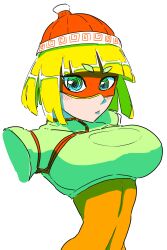1girl @_@ armor arms_(game) beanie blonde_hair blunt_bangs blush bob_cut breasts domino_mask fudan_no_ha green_eyes hat large_breasts looking_at_viewer mask min_min_(arms) nintendo short_hair solo upper_body white_black_background