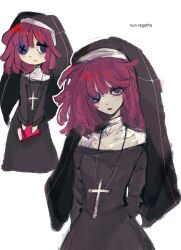  1girl alternate_costume arms_behind_back black_dress blue_eyes book button_eyes buttons congealdream cross dress english_text habit hair_between_eyes highres holding holding_book long_dress long_sleeves medium_hair nun ragatha_(the_amazing_digital_circus) red_hair ringlets the_amazing_digital_circus traditional_nun white_background 