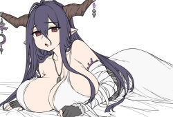 1girl antenna_hair bandaged_arm bandages bare_shoulders black_gloves blush breasts cleavage collarbone danua draph dress fingerless_gloves gloves granblue_fantasy hair_between_eyes horn_ornament horns houtengeki large_breasts long_hair looking_at_viewer lying on_stomach open_mouth pointy_ears purple_hair red_eyes solo white_dress rating:Sensitive score:49 user:danbooru