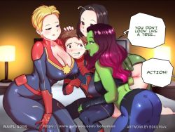 1boy 3girls age_difference antennae artist_name ass assertive_female avengers:_endgame avengers_(series) back bandages bare_shoulders bed black_eyes black_hair blonde_hair blue_eyes blush bodysuit bokuman breast_press breast_rest breasts breasts_on_head brown_hair captain_marvel carol_danvers cleavage collarbone colored_skin covered_erect_nipples curvy dress english_text from_behind gamora green_dress green_skin grin half-closed_eyes hand_on_another&#039;s_crotch hand_on_another&#039;s_head hand_on_another&#039;s_shoulder harem imminent_penetration indoors lamp large_breasts licking_lips long_hair mantis_(marvel) marvel marvel_cinematic_universe mature_female multicolored_hair multiple_girls nervous nervous_smile no_panties open_mouth pants peter_parker pink_hair sexually_suggestive shiny_clothes shiny_skin sitting size_difference smile speech_bubble spider-man tank_top text_focus thighs tongue tongue_out two-tone_hair watermark web_address you_gonna_get_raped rating:Questionable score:93 user:lamialover97