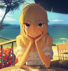  1girl ahoge artoria_pendragon_(all) artoria_pendragon_(fate) bare_shoulders beach blonde_hair boa_(brianoa) breasts camisole chair fate/stay_night fate_(series) green_eyes grin highres jewelry long_hair looking_at_viewer medium_breasts necklace off_shoulder saber_(fate) sidelocks smile solo table white_camisole  rating:Sensitive score:14 user:danbooru