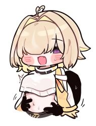  1girl 1other :o ahoge belly_grab black_sports_bra blonde_hair blush blush_stickers breasts chibi clothing_cutout crop_top cropped_sweater elegg_(nikke) gloves goddess_of_victory:_nikke grabbing_another&#039;s_stomach hair_intakes hair_over_eyes large_breasts long_bangs long_sleeves micro_shorts mming_(mmingis18) multicolored_hair navel purple_eyes short_hair shorts shoulder_cutout sports_bra sweatdrop two-tone_hair yellow_gloves 