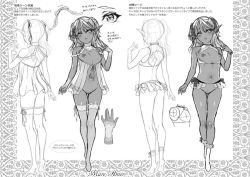 1girl ass back bra breastless_clothes breasts breasts_apart character_sheet concept_art dark_elf dark_skin elf female_focus full_body functionally_nude head_tilt lingerie looking_at_viewer monochrome multiple_views navel no_pussy pointy_ears shelf_bra small_breasts socks standing tagme thighhighs twintails underwear usagi_nagomu rating:Questionable score:33 user:cheezeit