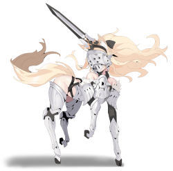  1girl absurdres all_fours amputee animal_ears arknights armor blemishine_(arknights) breastplate fake_horns female_focus helmet highres hooves horns human_dog plate_armor prosthesis quadruple_amputee simple_background solo tail white_background zhu_fun  rating:Questionable score:94 user:Dweenie