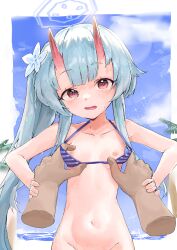  1girl absurdres beach bikini blue_archive blue_hair blue_halo blue_sky blush breast_poke chise_(blue_archive) chise_(swimsuit)_(blue_archive) flower hair_flower hair_ornament halo hand_grab highres hogo_(otora50) horns loli long_hair looking_at_viewer navel nipples official_alternate_costume open_mouth parted_lips poking ponytail pov pov_hands pulling_another&#039;s_clothes red_eyes red_horns skin-covered_horns sky sparkle striped_bikini striped_clothes sweat swimsuit white_flower 