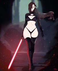  1girl absurdres black_bra black_thighhighs bra breasts colored_sclera curvy energy_sword fire_emblem fire_emblem_fates floating_hair full_body hair_over_one_eye highleg highleg_panties highres kagero_(fire_emblem) large_breasts lightsaber navel nintendo panties ponytail r3dfive red_eyes red_lightsaber shrug_(clothing) sith skindentation smoke solo star_wars stomach sword thighhighs thighs underwear weapon wide_hips yellow_sclera 