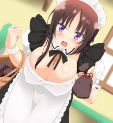 1girl :o bag black_hair blush breasts carrying cleavage covered_erect_nipples detached_collar female_focus hagino_chiaki hands_up hinako_note holding indoors large_breasts leaning_forward lettucerice light_blush looking_at_viewer maid maid_headdress medium_hair open_mouth puffy_areolae puffy_short_sleeves puffy_sleeves purple_eyes reta_su_gohan short_sleeves solo standing wrist_cuffs rating:Sensitive score:33 user:Ynyswydryn
