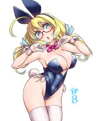  1girl alternate_costume blonde_hair blue_eyes blue_leotard blush breasts character_name cowboy_shot glasses hair_ribbon i-8_(kancolle) kantai_collection large_breasts leotard long_hair looking_at_viewer low_twintails open_mouth red-framed_eyewear ribbon semi-rimless_eyewear simple_background smile solo strapless strapless_leotard thighhighs tri_tails twintails udukikosuke under-rim_eyewear white_background white_thighhighs 