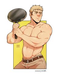  1boy :t artist_logo artist_name backpack bag bara blonde_hair brown_bag brown_pants closed_mouth commentary dungeon_meshi english_commentary food food_on_face frying_pan hands_up highres holding holding_frying_pan laios_touden male_focus orange_eyes pants short_hair solo toned toned_male topless_male undercut very_short_hair yeiko_art 