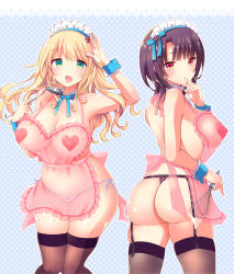 10s 2girls apron ass atago_(kancolle) blonde_hair blush breasts brown_eyes brown_hair detached_collar frills gigantic_breasts green_eyes heart_pasties huge_breasts kantai_collection ladle long_hair looking_at_viewer maid_headdress mozuya_murasaki multiple_girls pasties polka_dot polka_dot_background see-through takao_(kancolle) thighhighs whisk wrist_cuffs rating:Questionable score:57 user:danbooru