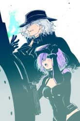 1boy 1girl ascot black_ascot black_cloak black_gloves black_hat black_leotard breasts cleavage cloak commentary edmond_dantes_(fate) fate/grand_order fate_(series) gloves gorget grey_hair grin hand_up hat head-mounted_display holding holding_shield leotard looking_afar lord_camelot_(fate) mash_kyrielight mash_kyrielight_(ortenaus) medium_breasts medium_hair nobicco open_mouth purple_eyes purple_hair red_eyes shield short_hair smile teeth upper_teeth_only visor_(armor) visor_lift